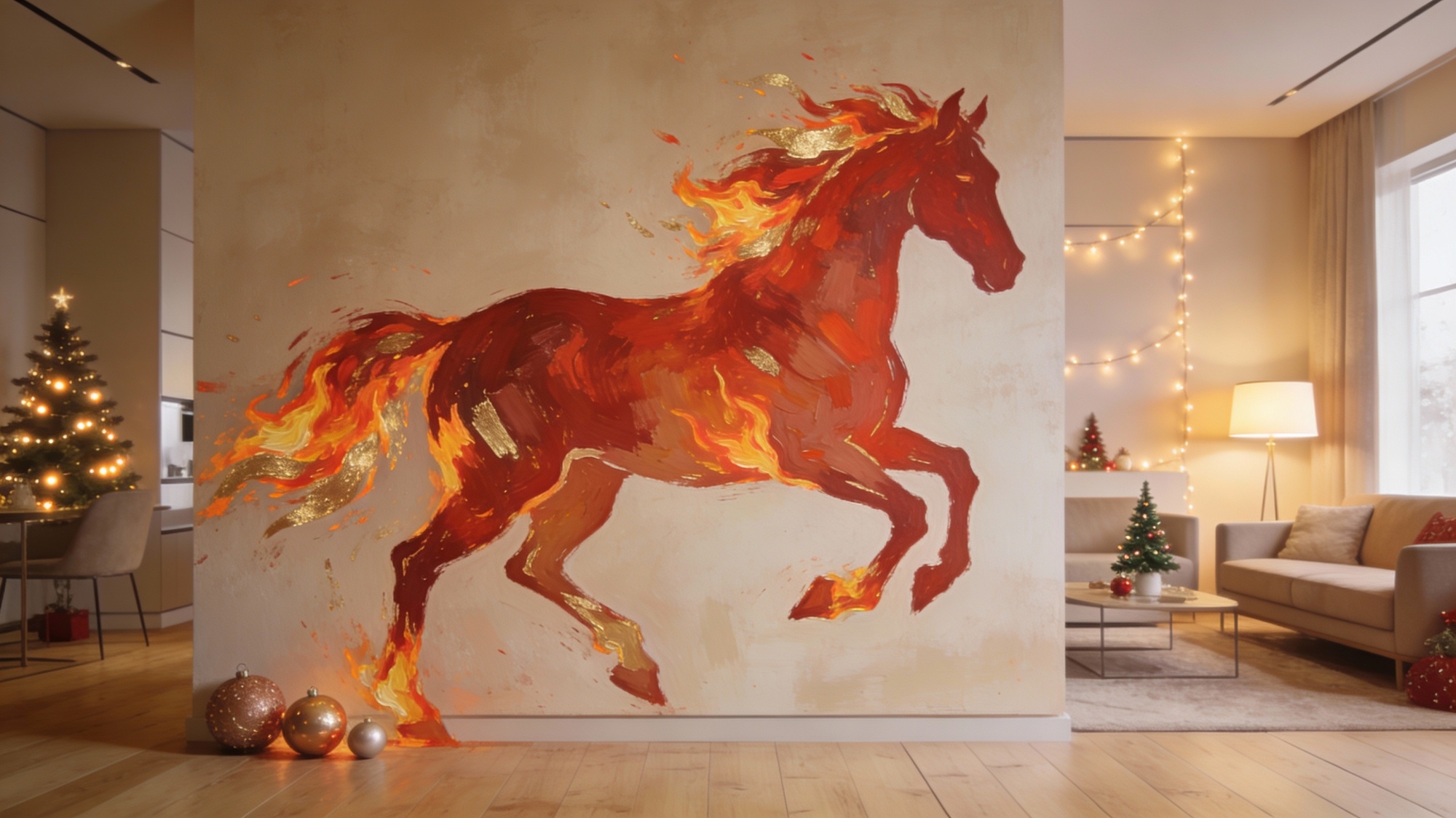 Новый год 2026: как оформить квартиру под тренды Огненной Лошади и сохранить актуальность