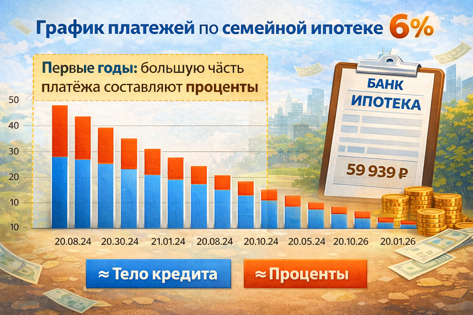 Первые годы семейной ипотеки: большая часть платежа уходит на проценты