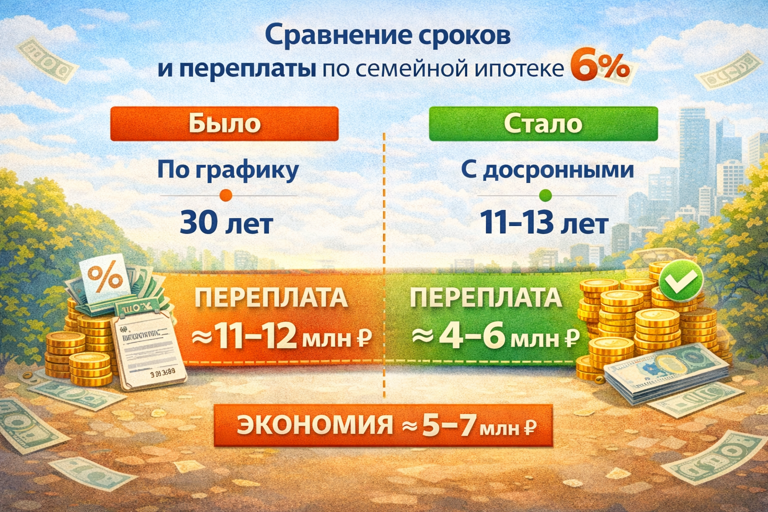 Сравнение сроков и переплаты по семейной ипотеке при досрочном погашении