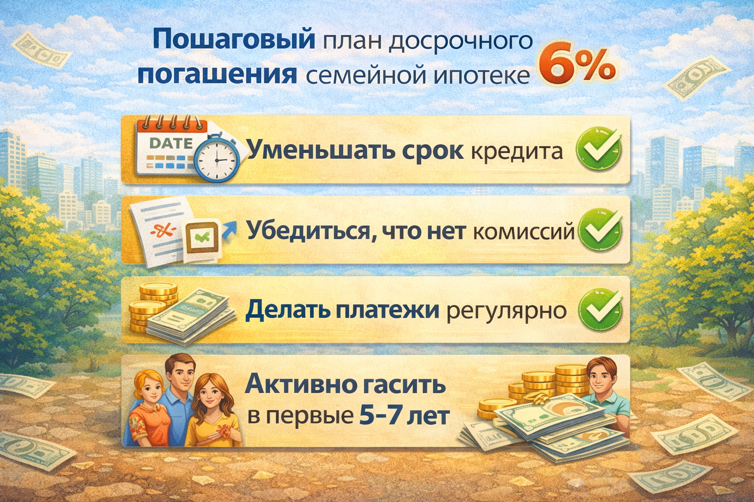 Пошаговый план досрочного погашения семейной ипотеки под 6 процентов