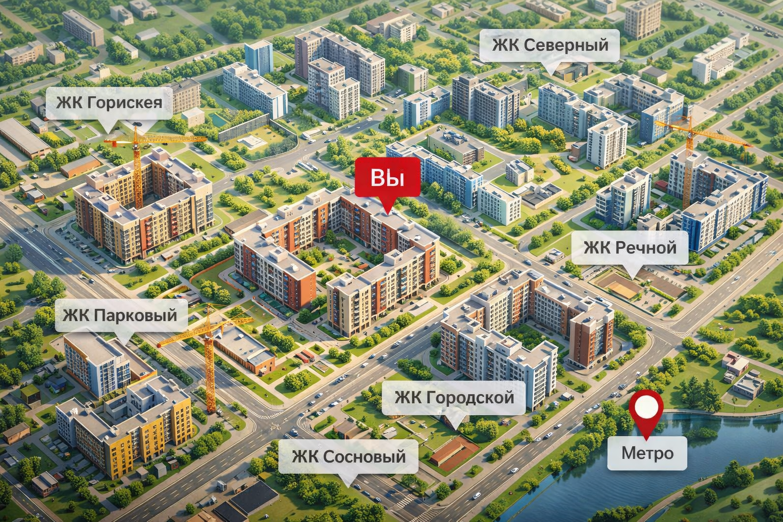 Новые жилые комплексы вокруг новостройки на карте района