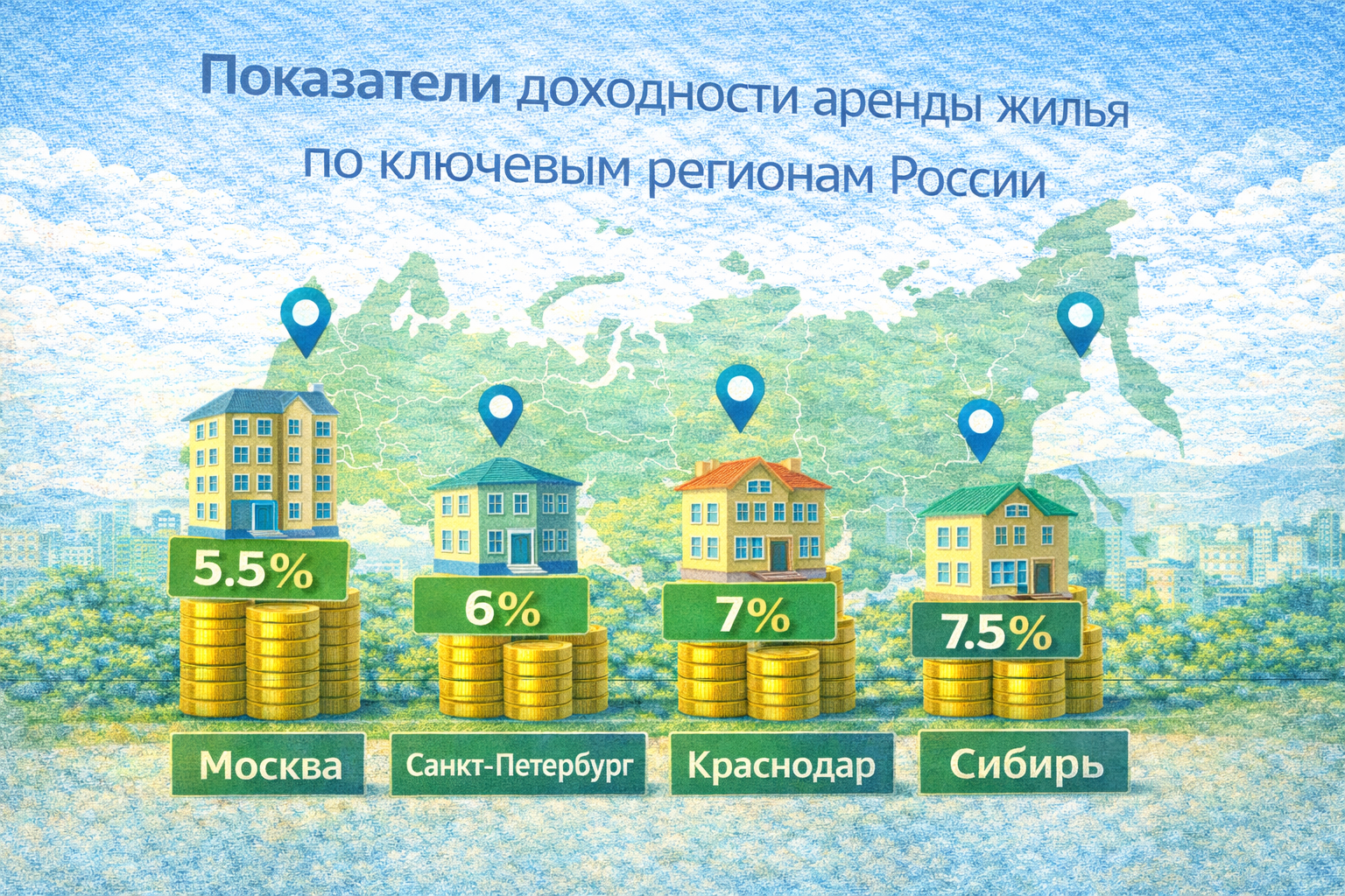 Показатели доходности аренды жилья по ключевым регионам России