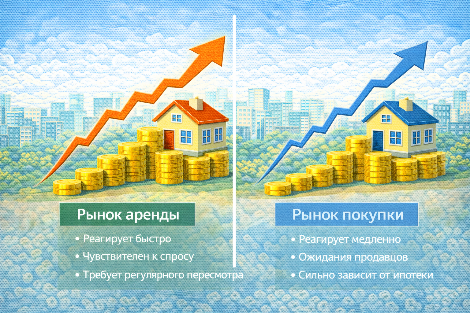 Сравнение реакции рынка аренды и рынка покупки жилья