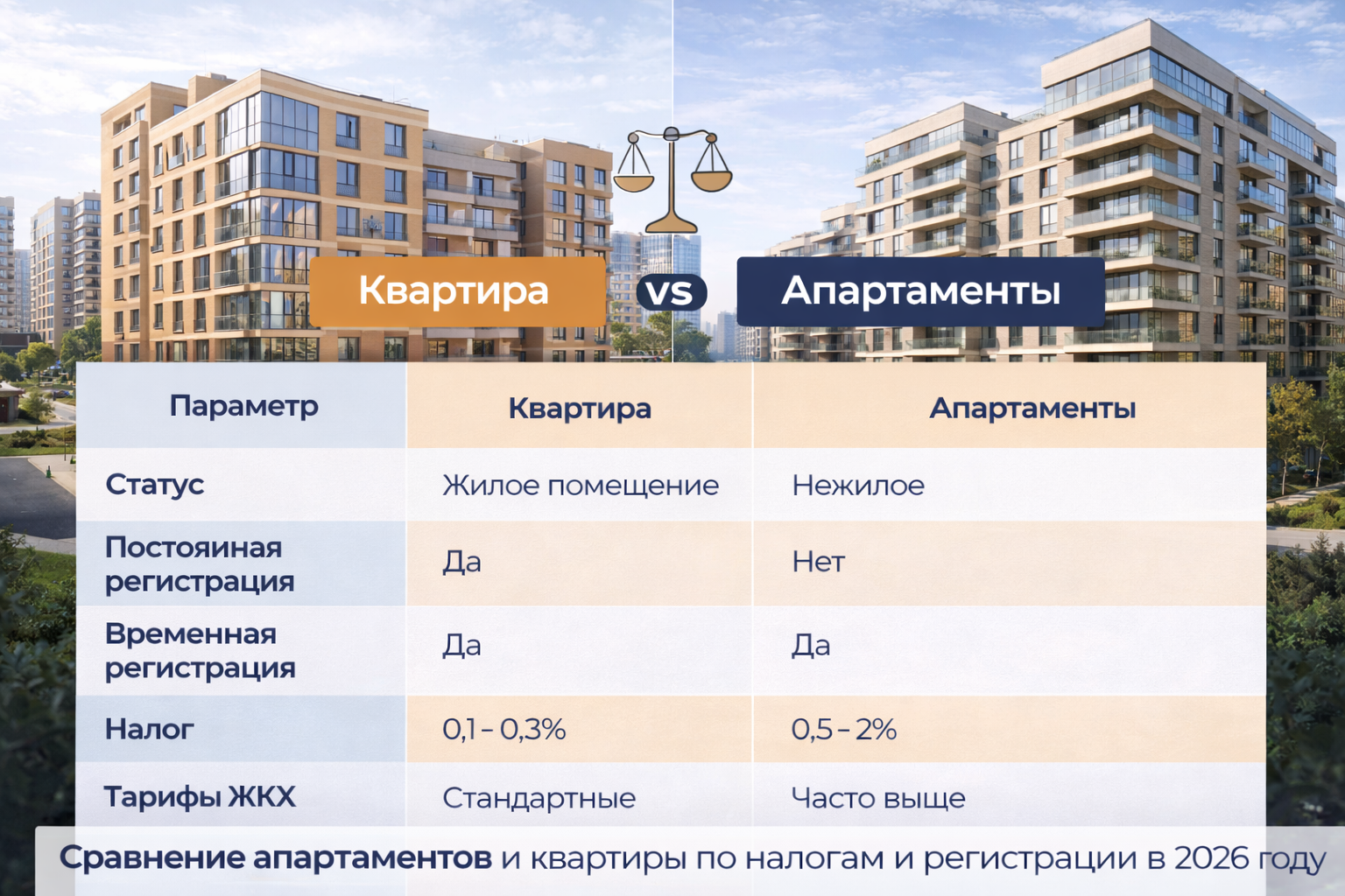 Сравнение апартаментов и квартиры по налогам и регистрации в 2026 году