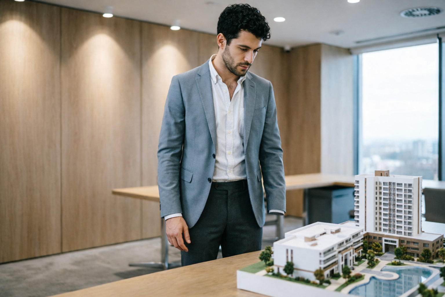 Мужчина рассматривает 3D проект будущего здания