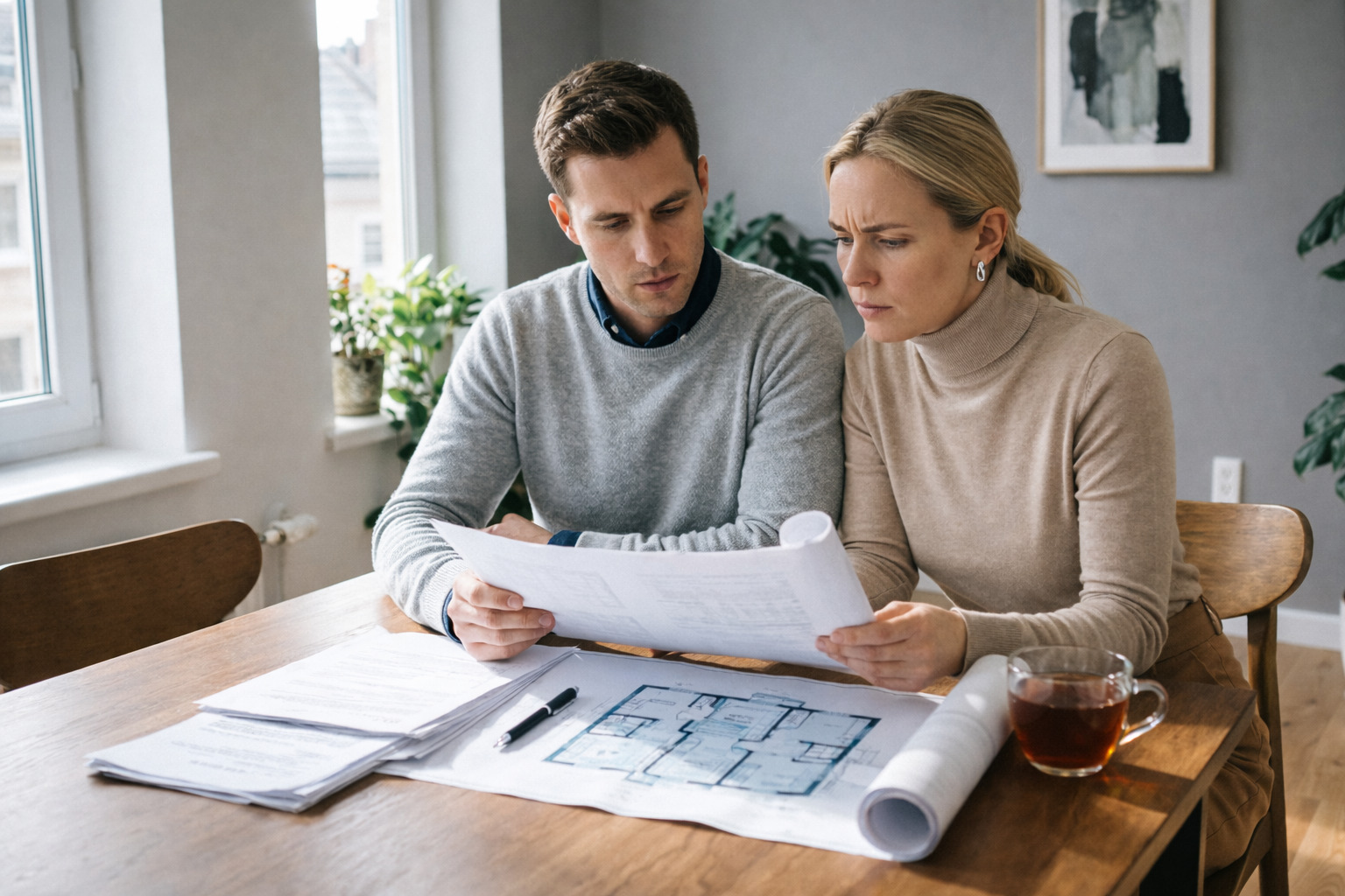 Семейная пара рассматривает план квартиры