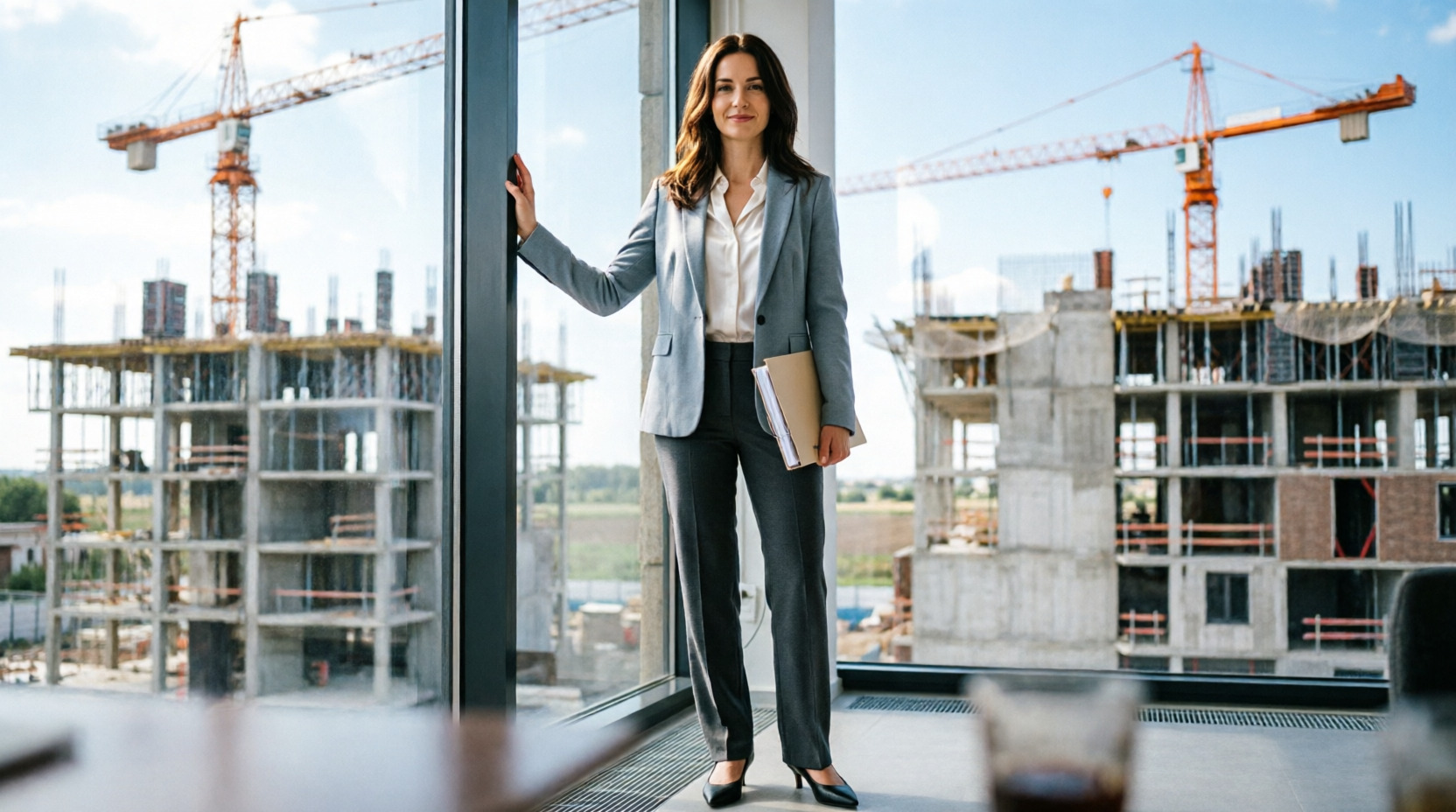 Женщина стоит на фоне строящихся домов