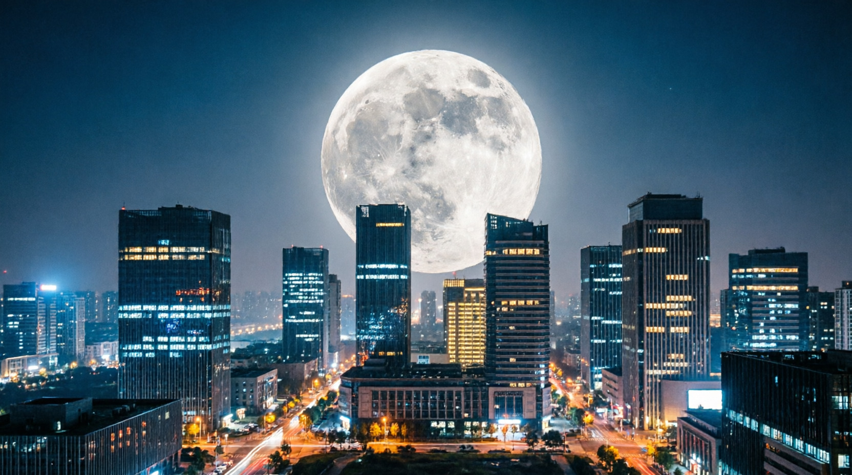 Полная луна на фоне ночного мегаполиса