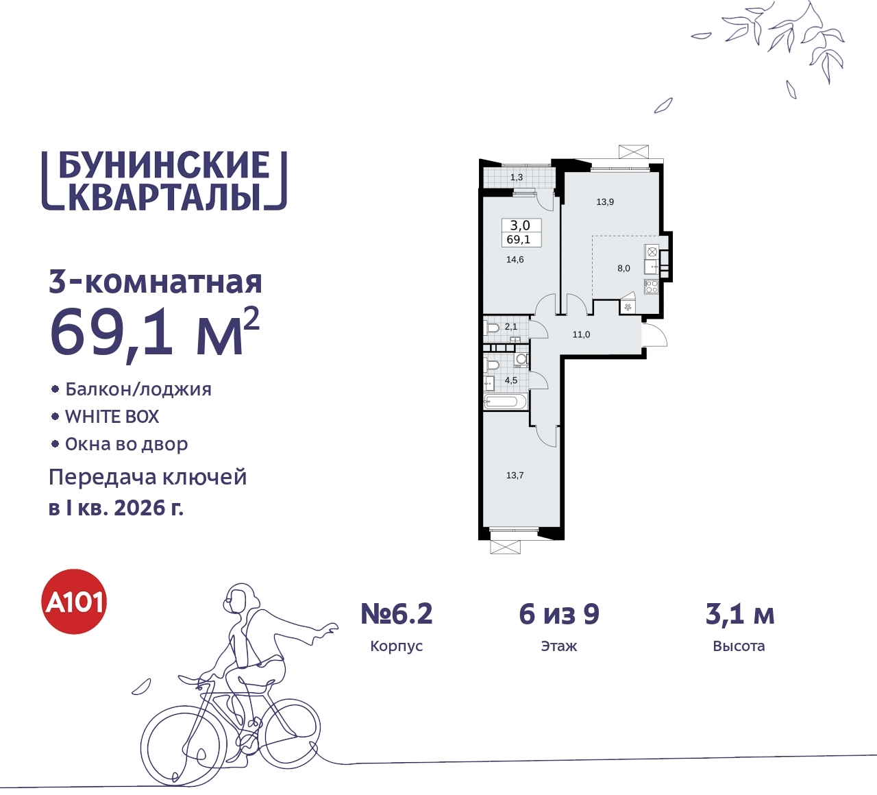 Купить Жилую Квартиру Куприна пр-кт, дом 2, квартира 253, Площадь: 69.1 кв.  м в Москва г, Сосенское п