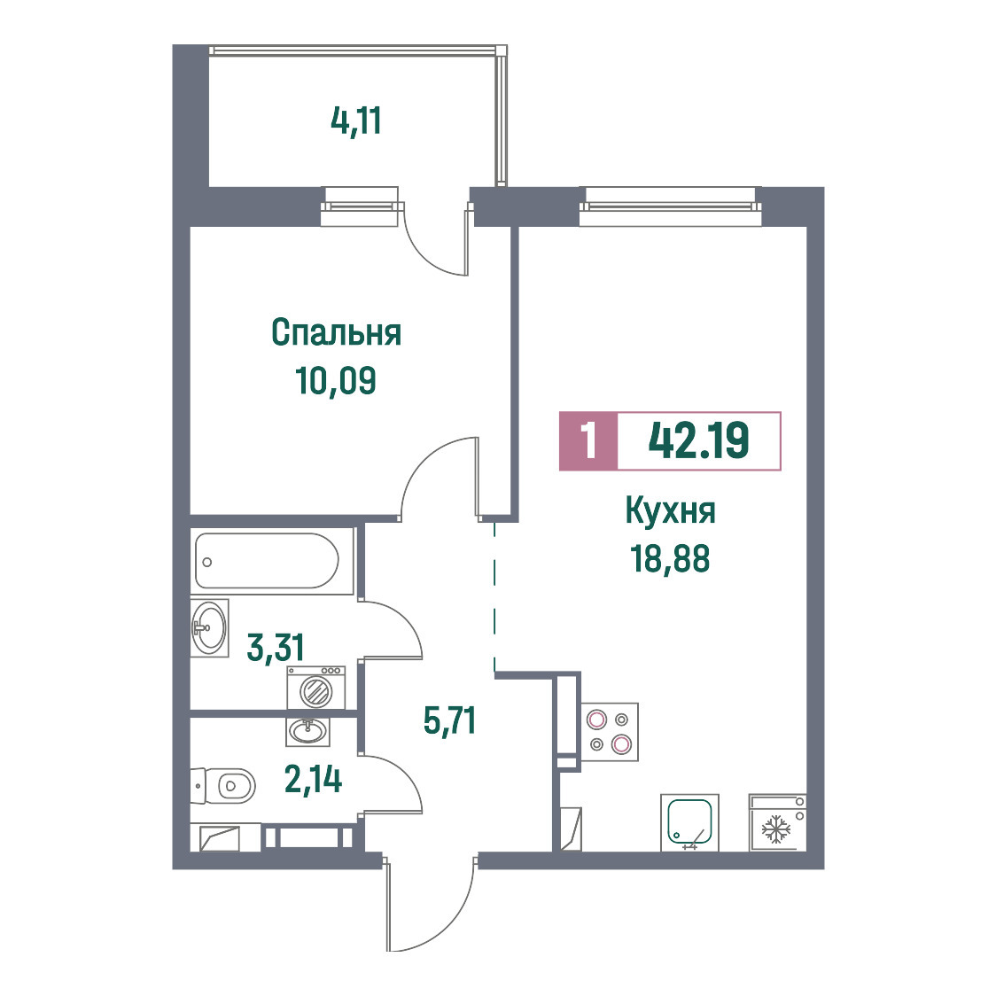 Купить Жилую Квартиру Авиаторов Балтики пр-кт, Площадь: 42.19 кв. м в  Ленинградская обл, Всеволожский р-н, Мурино г.