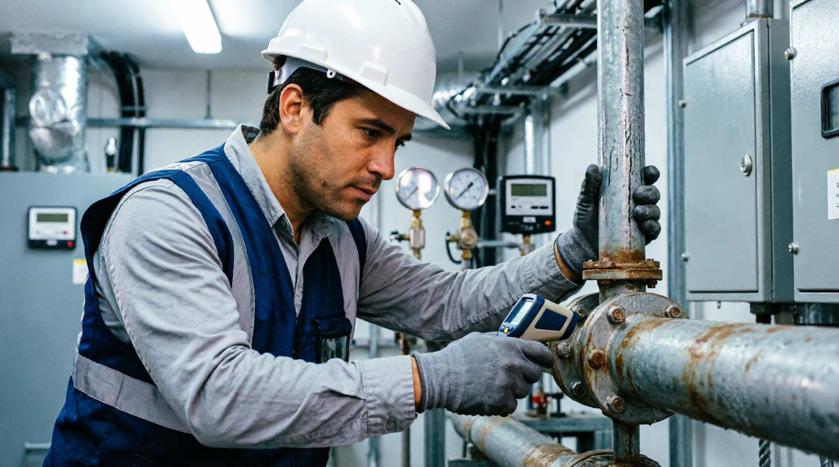 Рабочий проверяет инженерные сети